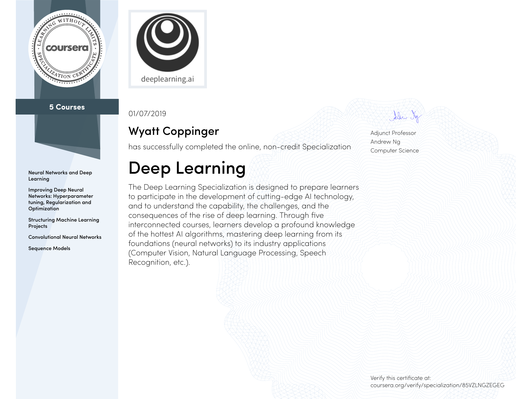 Coursera Deep Learning Specialization Certificate