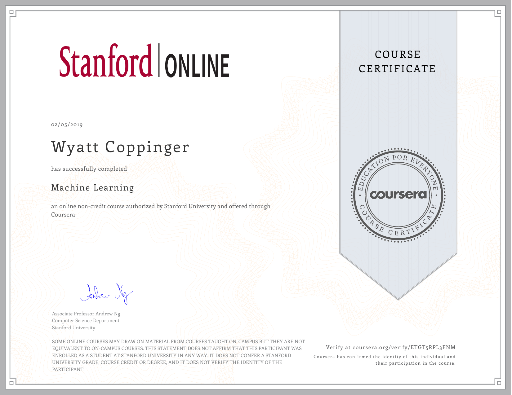 Coursera Machine Learning Certificate